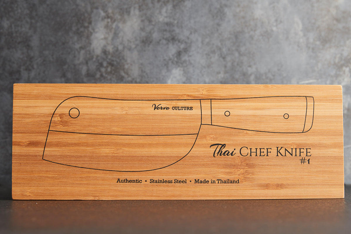 Bamboo box with engraved Thai chef's knife outline, labeled "Verve Culture" and "Thai Chef Knife #1."