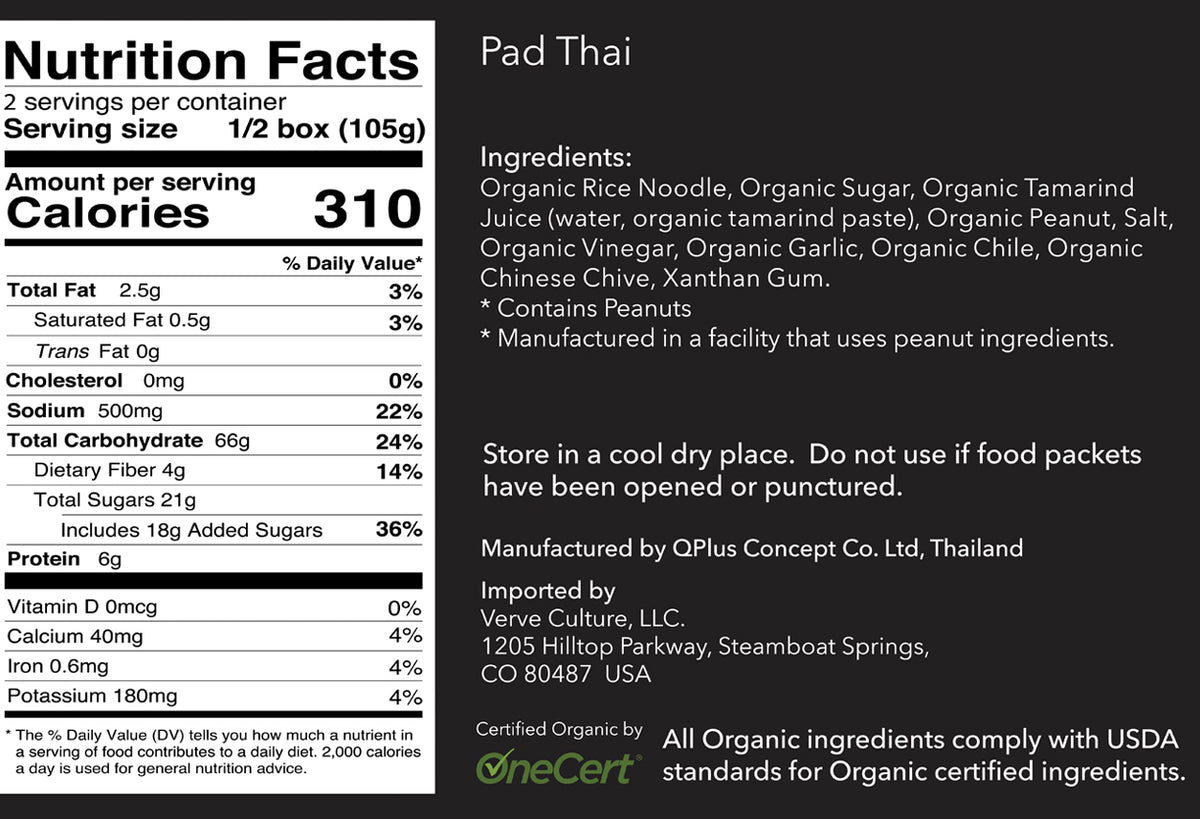 Nutrition Facts and ingredient label for Pad Thai noodle box with serving size, calorie content, and allergen information.