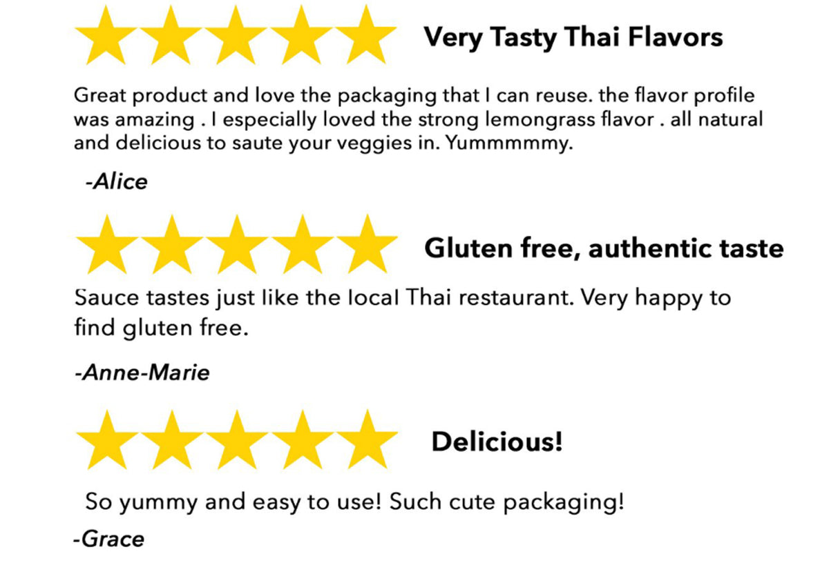 Organic Panang Curry Kit package with five-star customer reviews praising Thai flavors and gluten-free ingredients.