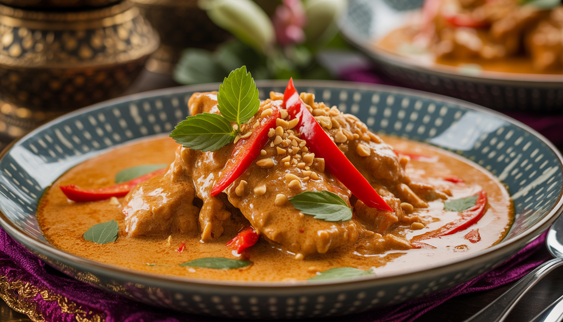 A close-up image of Thai Panang chicken curry with red peppers and peanuts, set against a Thai-inspired table setting.