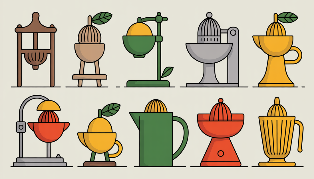 Illustrations of citrus juicers' evolution, from simple wooden presses to modern designs.
