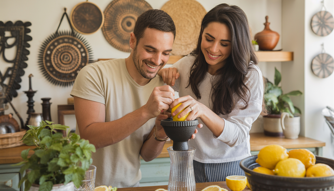 A couple using a cast iron lemon juicer in a cozy, culturally decorated kitchen, making lemonade.