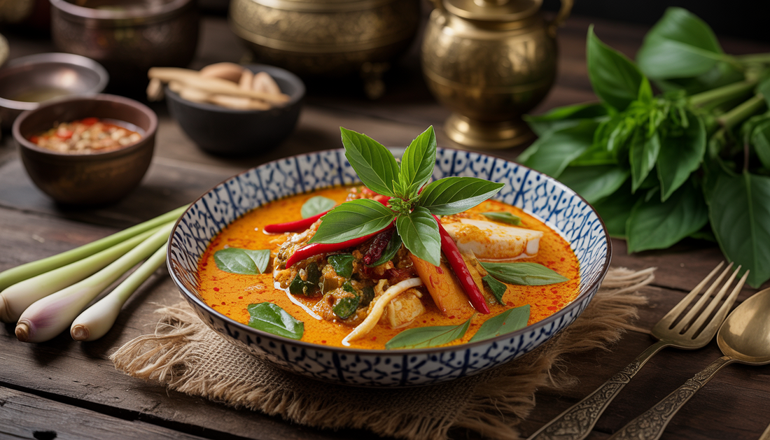 A vibrant Thai curry dish with fresh ingredients on a wooden table, accompanied by traditional Thai utensils.