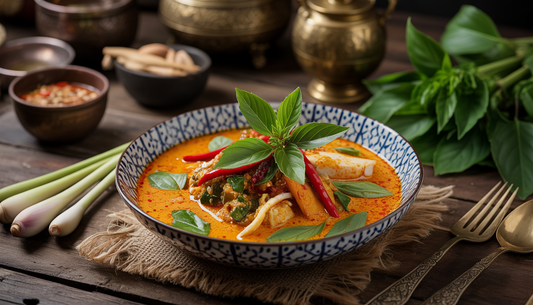 A vibrant Thai curry dish with fresh ingredients on a wooden table, accompanied by traditional Thai utensils.