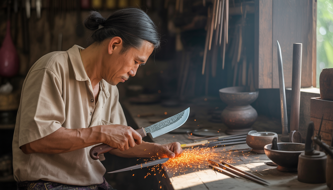 A craftsman hand-forging a Thai Moon Knife in a workshop, surrounded by traditional tools and materials.