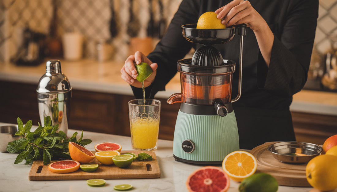 A person preparing a citrus cocktail with an artisan juicer, surrounded by ingredients like mint and sliced fruits.