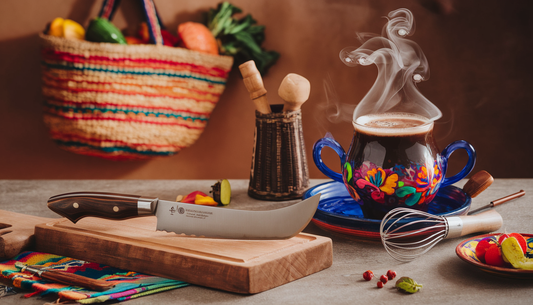 A cozy kitchen scene featuring a Thai Chef's Moon Knife on a wooden cutting board, Mexican handblown glassware with hot chocolate, a molinillo whisk, and a Moroccan basket with fresh produce.