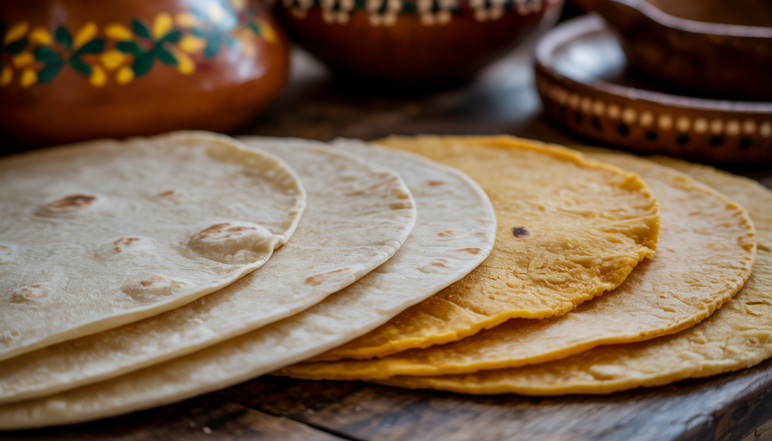 Close-up of flour and corn tortillas with distinct textures and colors, set against traditional Mexican kitchenware.