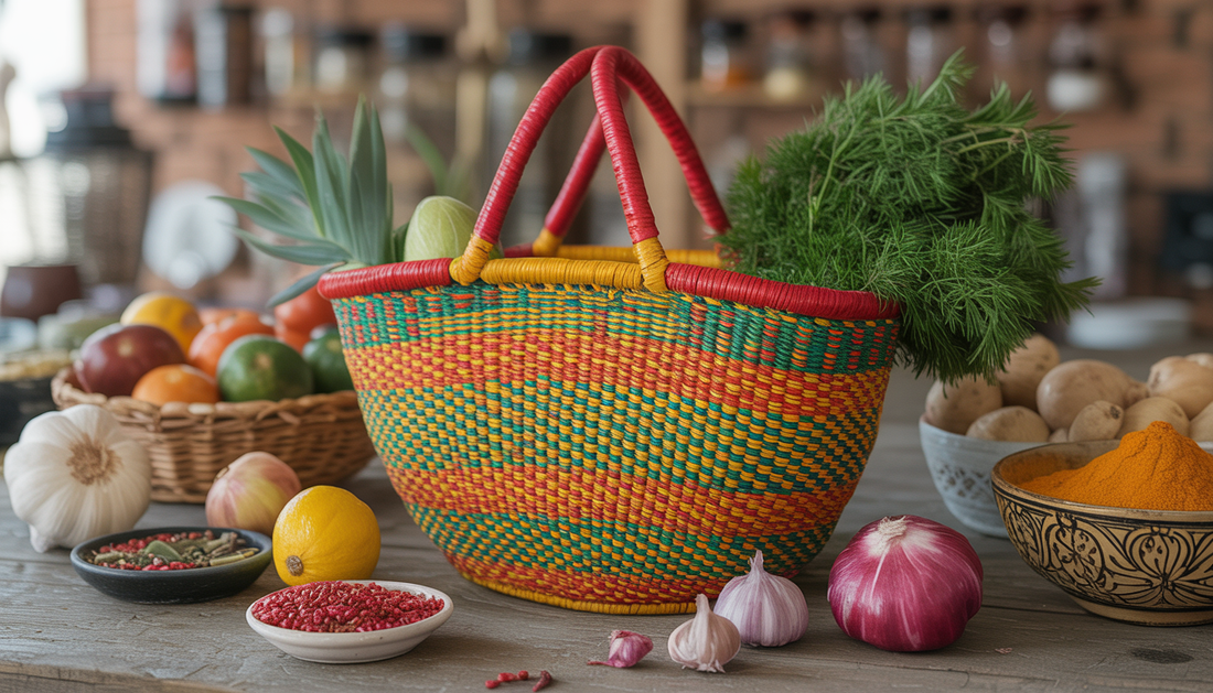 Handwoven Moroccan shopping basket on a table with fresh produce and spices, highlighting cultural heritage.