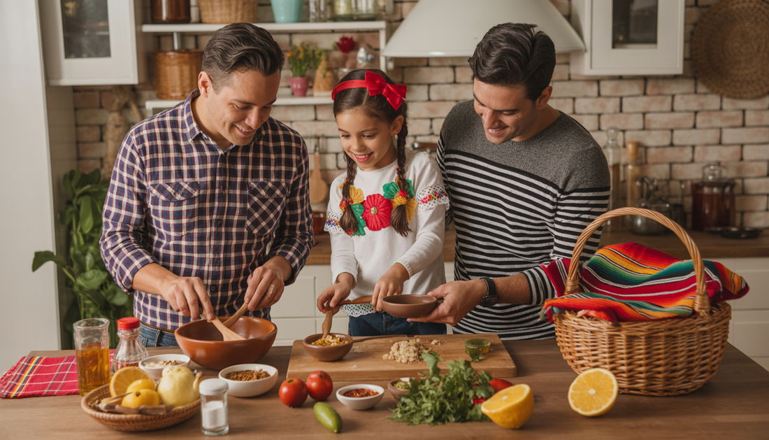 A family in a kitchen preparing Mexican dishes with spices from a gift basket, creating a warm and inviting scene.