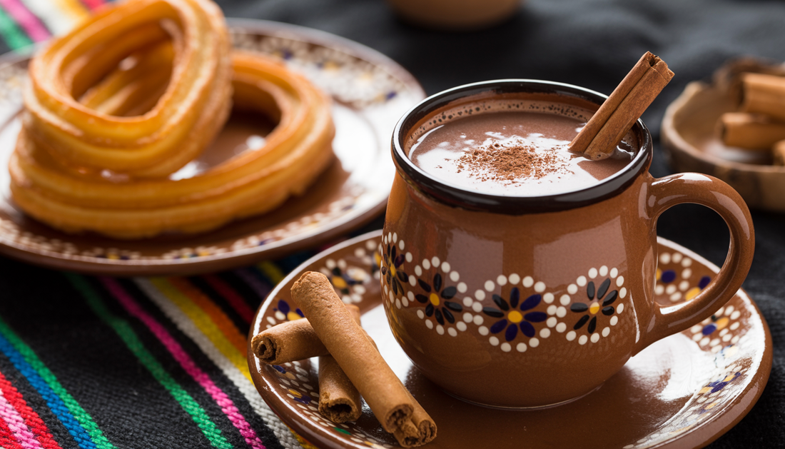 Mexican hot chocolate served in an earthenware mug with churros and a cinnamon stick, set against a backdrop of Mexican textile patterns.