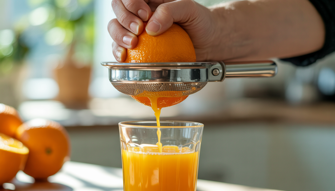 Close-up of a hand using a vintage citrus press to squeeze orange juice into a glass, highlighting the manual juicing process.