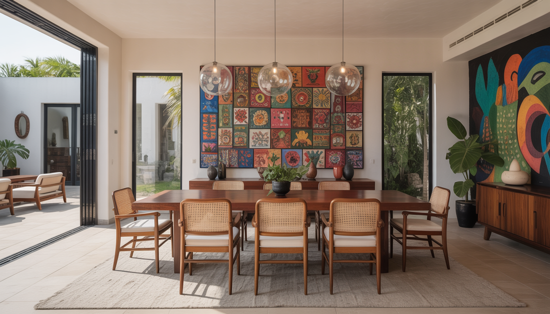 A modern dining room combining Mexican style with contemporary elements, featuring a wooden table, artisan chairs, and vibrant wall art.