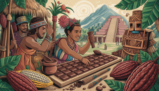 Illustration of ancient Mayans and Aztecs with cacao pods and chocolate-making tools, depicting the history of chocolate in Mexico.