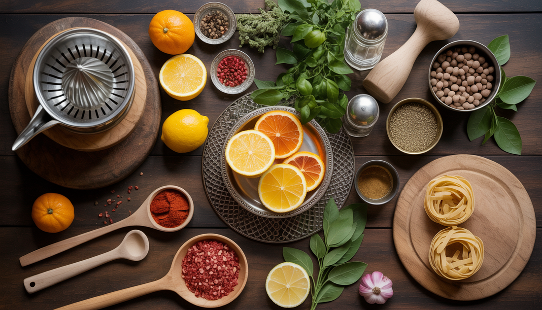 Kitchen table with an artisan citrus juicer, Moroccan spices, and Italian pasta, representing a fusion of global culinary traditions.