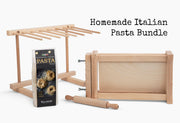 Wooden pasta-making kit with drying rack, pasta flour box, wooden frame with clamps, and rolling pin.