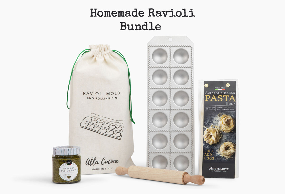 Ravioli bundle containing cream drawstring bag with mold and pin, metal ravioli press, pasta flour box, pesto jar, and wooden