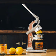 Manual citrus juicer with wooden handle and metal frame pressing a lemon over a glass collection cup.