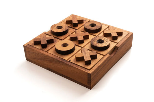Wooden tic-tac-toe board game with round and X-shaped playing pieces in light and dark wood tones.