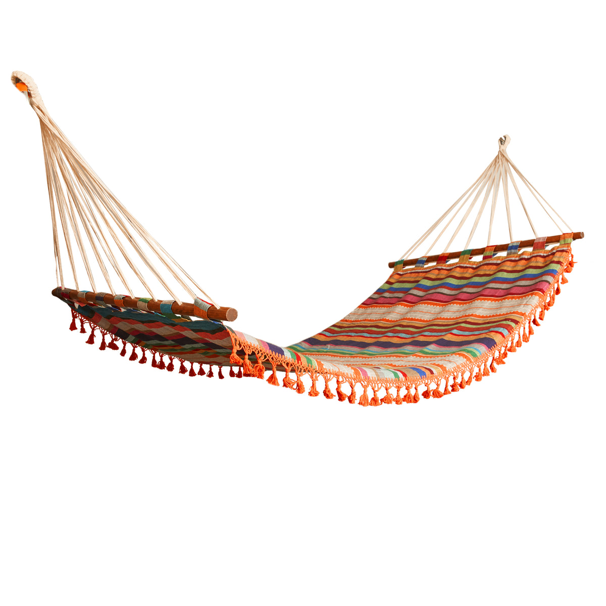 Woven hammock with multicolored striped fabric, wooden spreader bars, and orange and red fringe trim.