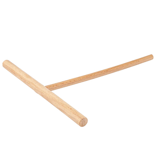 Wooden crepe spreader with T-shaped design, featuring a rounded handle and flat angled blade.