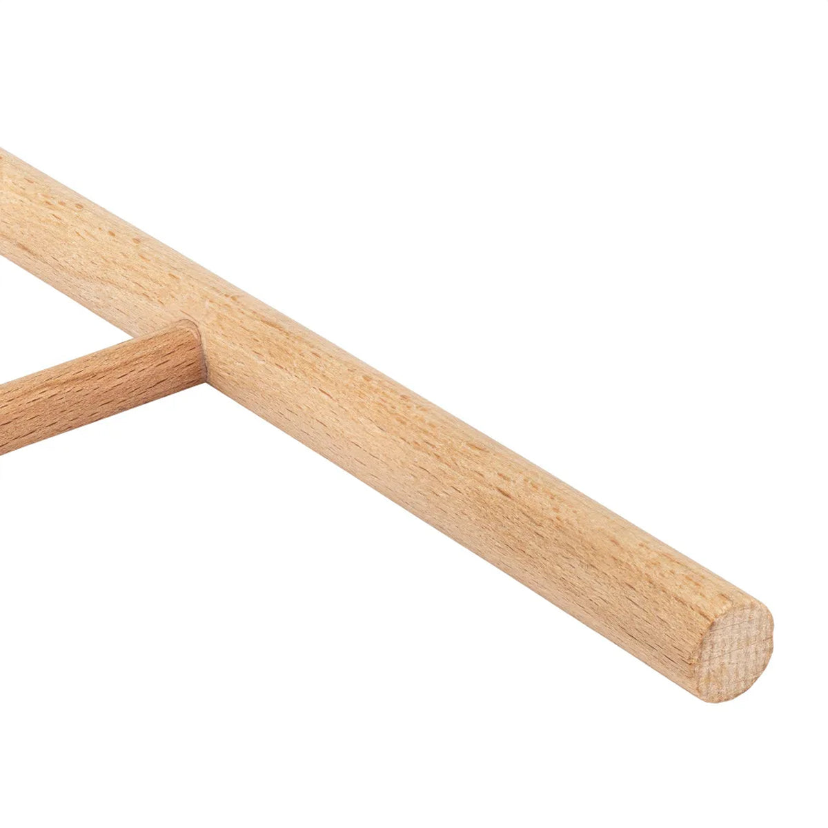Wooden spreader with angled handle and rounded tip for applying crepe batter to cooking surfaces.