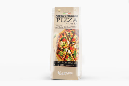 Gluten-free pizza crust kit box with rice and chickpea flour blend, featuring a finished pizza photo and "just add water and 