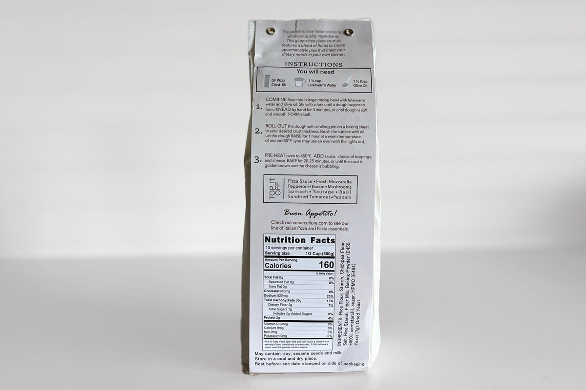 Gluten-free pizza crust kit box with printed instructions, ingredient list, and nutrition facts label on white background.