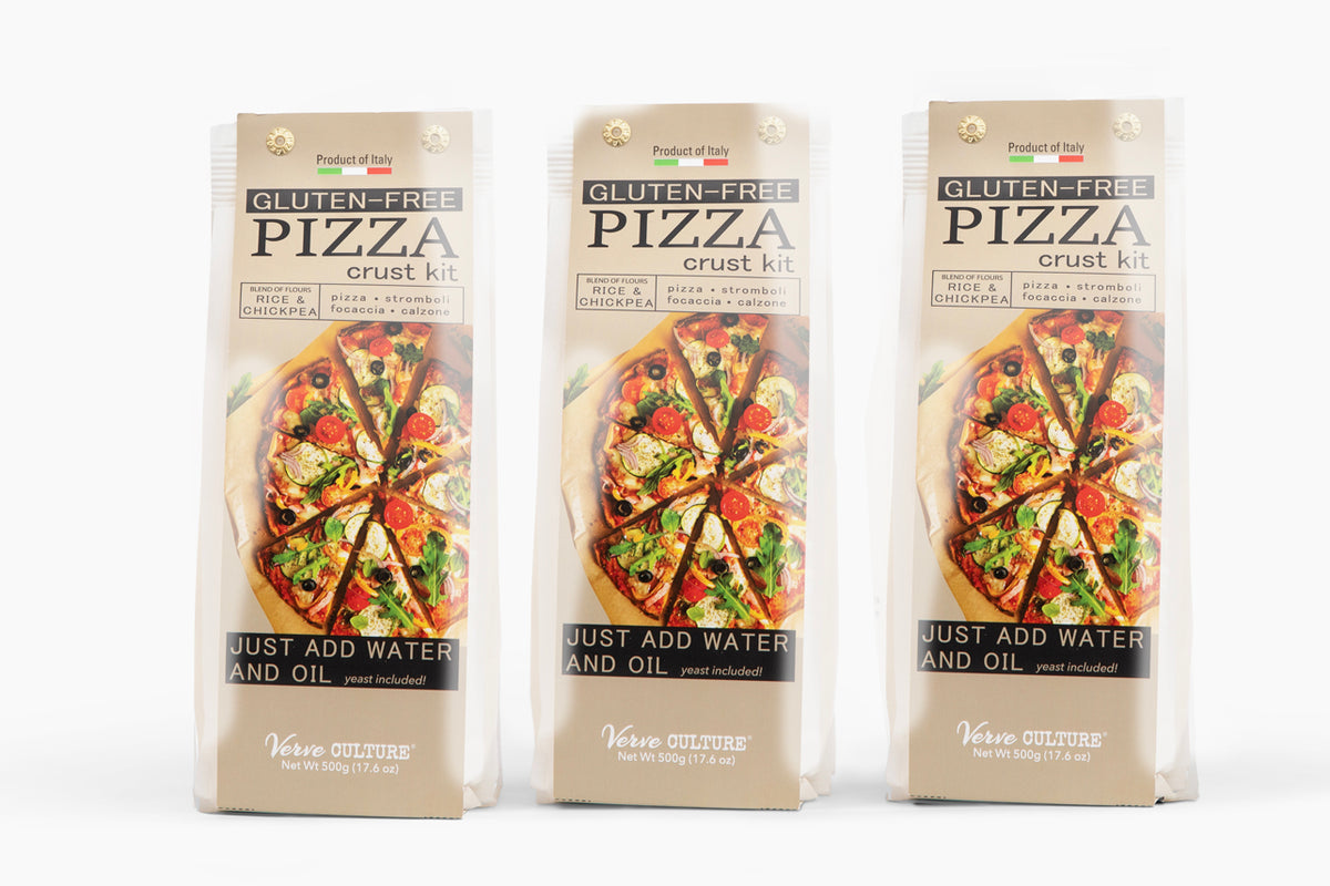 Three boxes of gluten-free pizza crust mix with Italian flag and finished pizza images, labeled "Just Add Water and Oil."