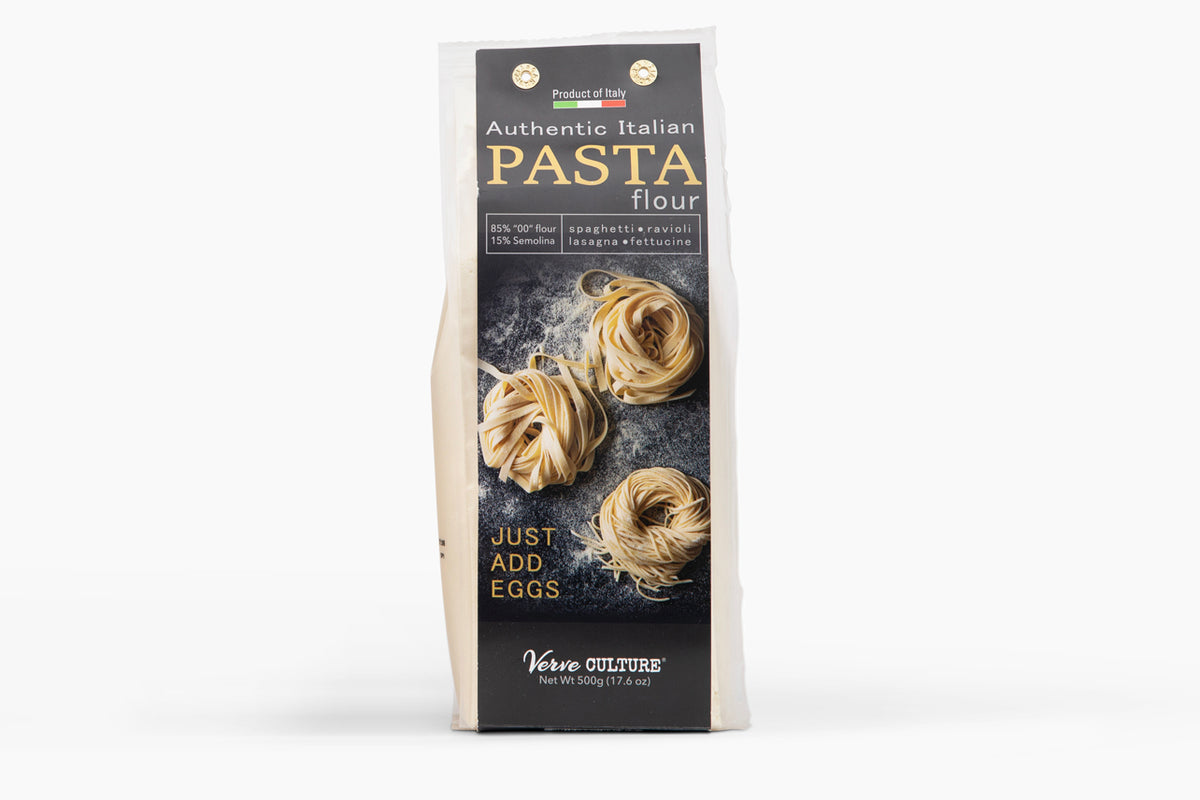 Authentic Italian Pasta flour bag with dark label showing dried pasta nests and "Just Add Eggs" text, 500g package.