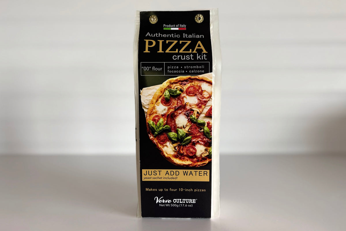 Black box of Authentic Italian pizza crust kit with "00" flour, showing prepared pizza with toppings and "just add water" ins