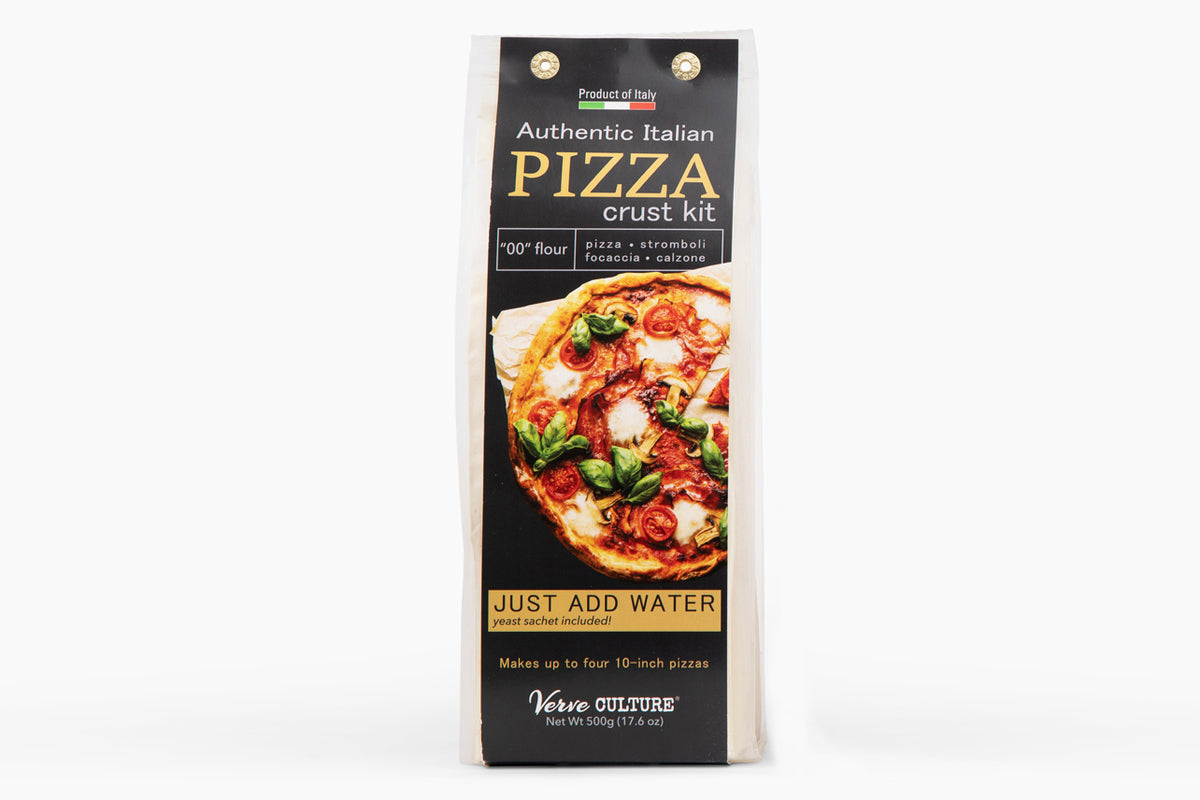 Black box of Italian pizza crust kit with "00" flour, featuring product image of finished pizza with toppings and "just add w