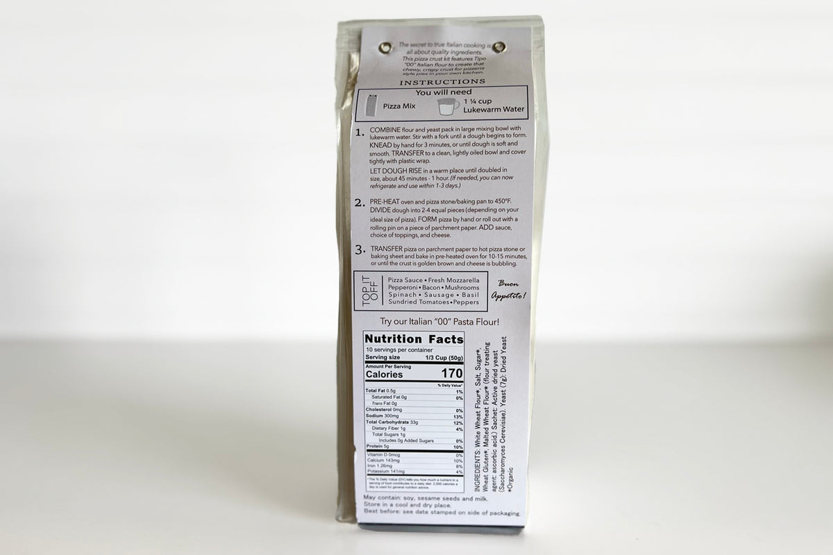 Italian "00" pizza crust kit box showing instructions, nutrition facts, and ingredient list on packaging.