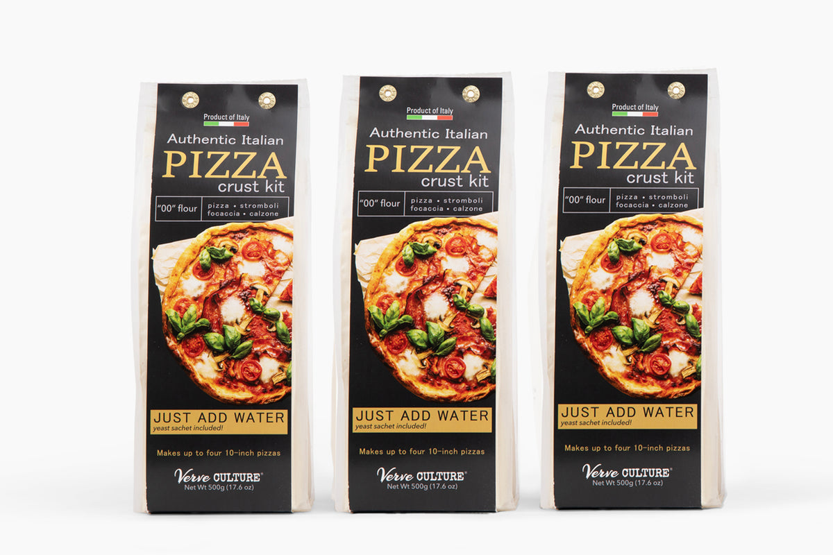 Three boxes of Authentic Italian Pizza crust kit with "00" flour, featuring pizza images and "just add water" instruction.
