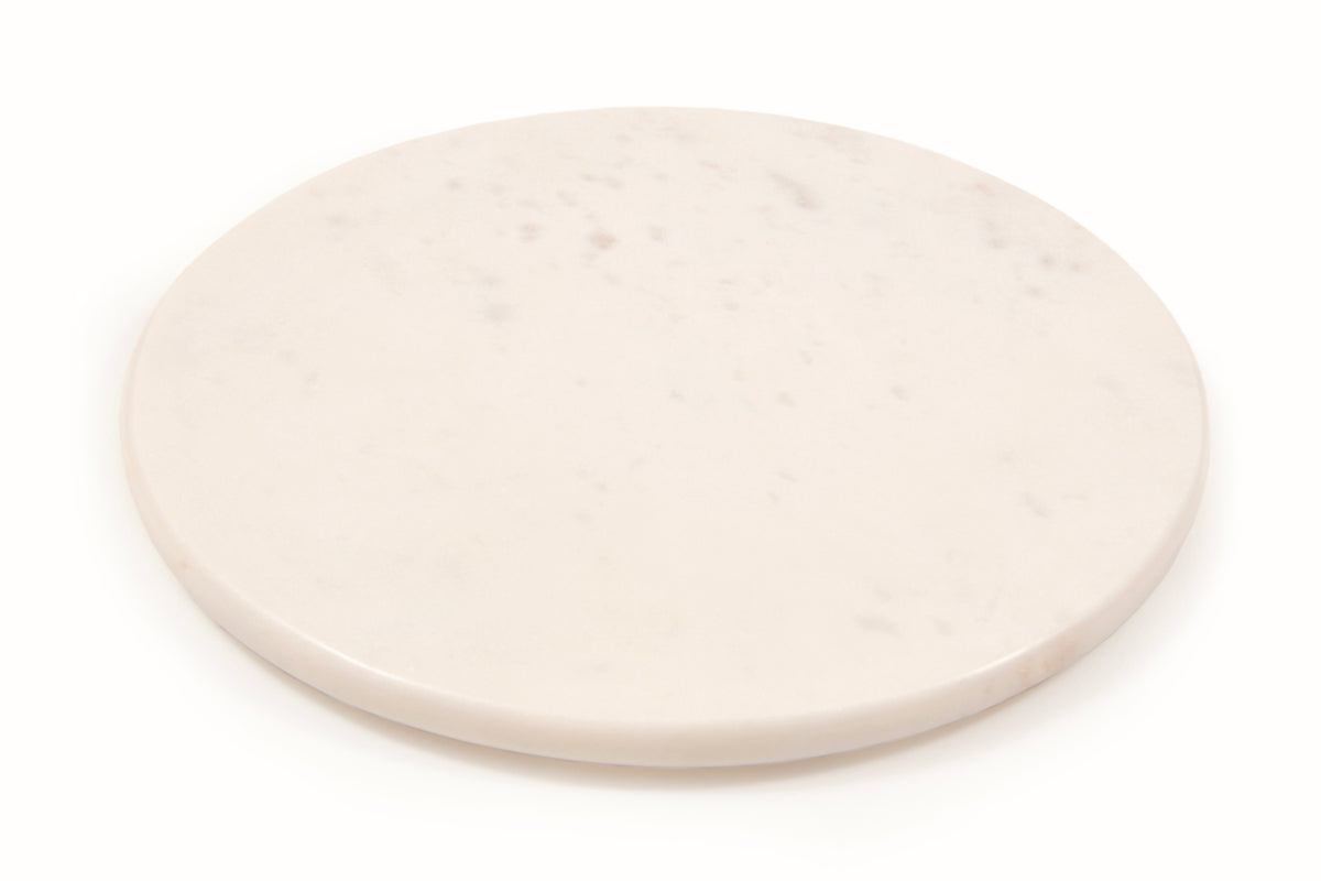White marble circular board with subtle veining, flat surface with slightly raised edge.