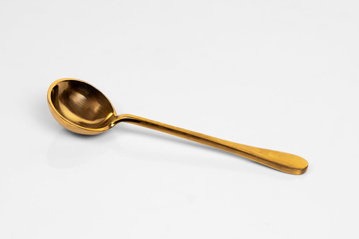 Gold-toned serving spoon with oval bowl and long handle on white background.