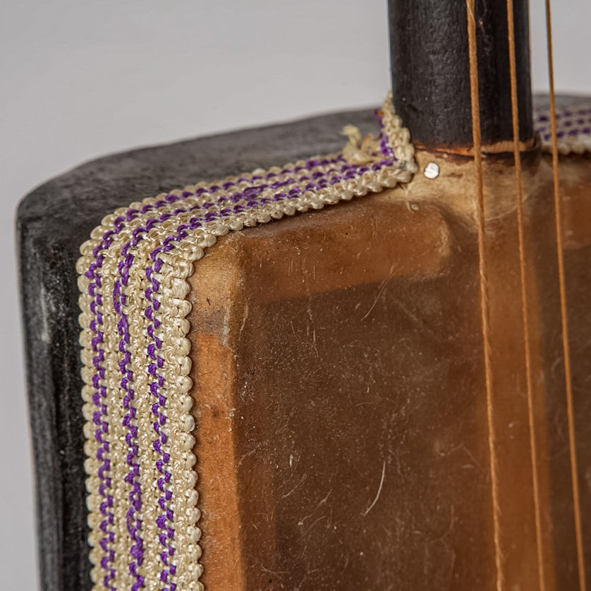 Brown wooden gimbri with dark top, purple and gold decorative trim, and multiple strings visible on the side.