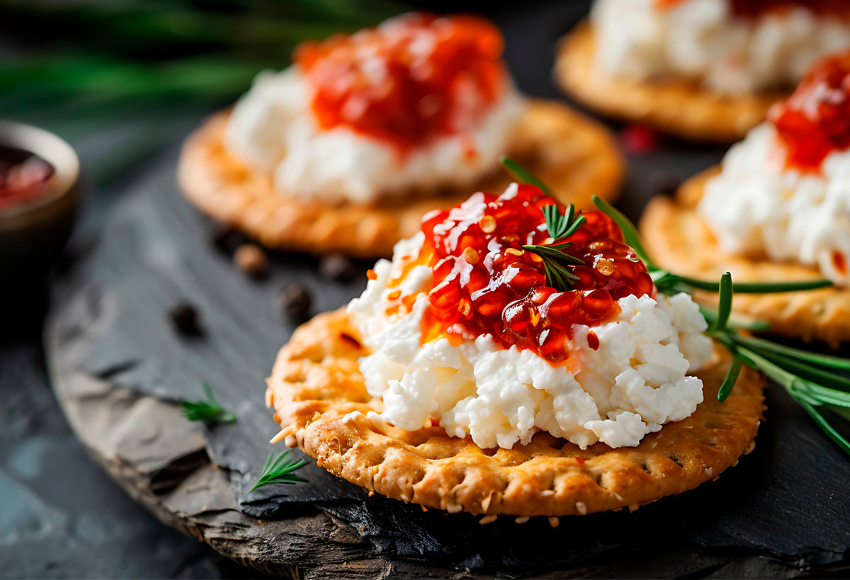 Crackers topped with white cheese spread, red chili jam, and fresh rosemary sprigs on dark slate.