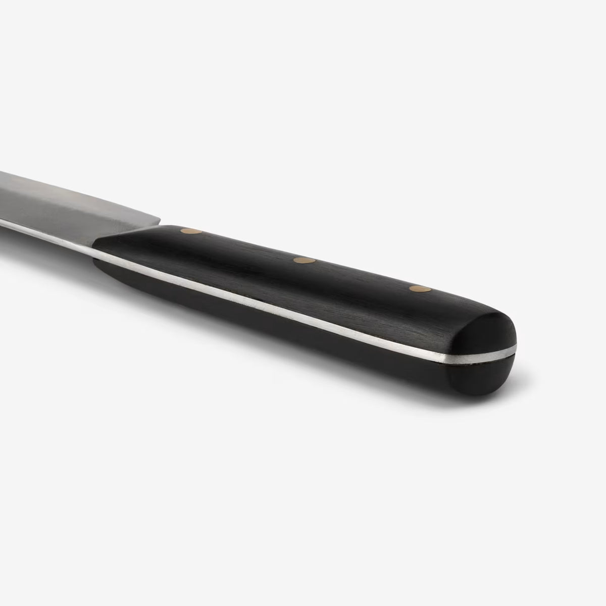 Two kitchen knives with black handles and metal blades, one with a rounded tip and one with a flat edge.