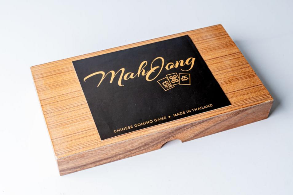 Mangowood game set with black lid labeled "MahJong" in gold lettering, marked "Chinese Domino Game, Made in Thailand."