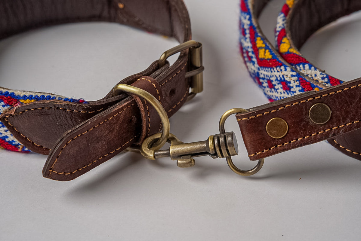 Brown leather collar and leash with colorful geometric Kilim pattern webbing, brass hardware, and stitched details.