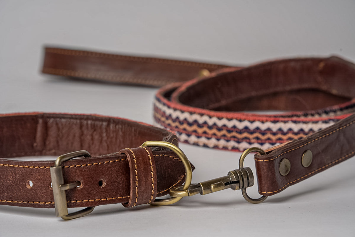 Brown leather collar with brass buckle and matching leash featuring woven geometric pattern trim in coral, navy and tan.