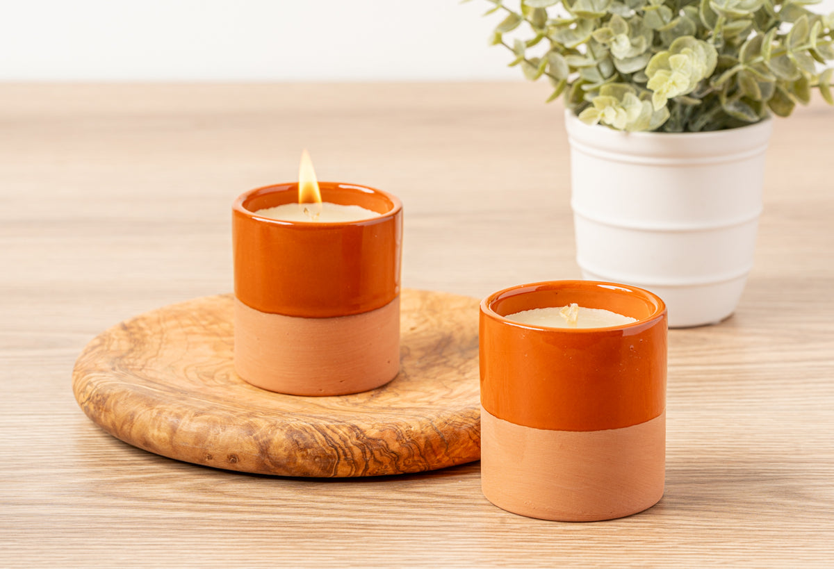Two terracotta soy candles with cream wax and lit flame, one larger on wooden tray, one smaller beside it, with potted greene