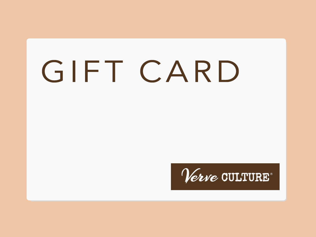 White gift card with brown "GIFT CARD" text and Verve Culture logo on brown label.