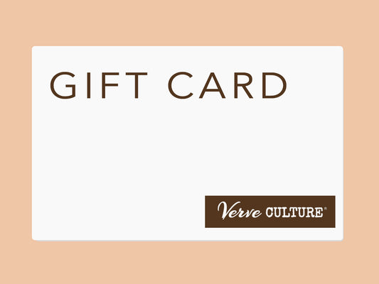 White gift card with brown "GIFT CARD" text and Verve Culture logo on brown label.