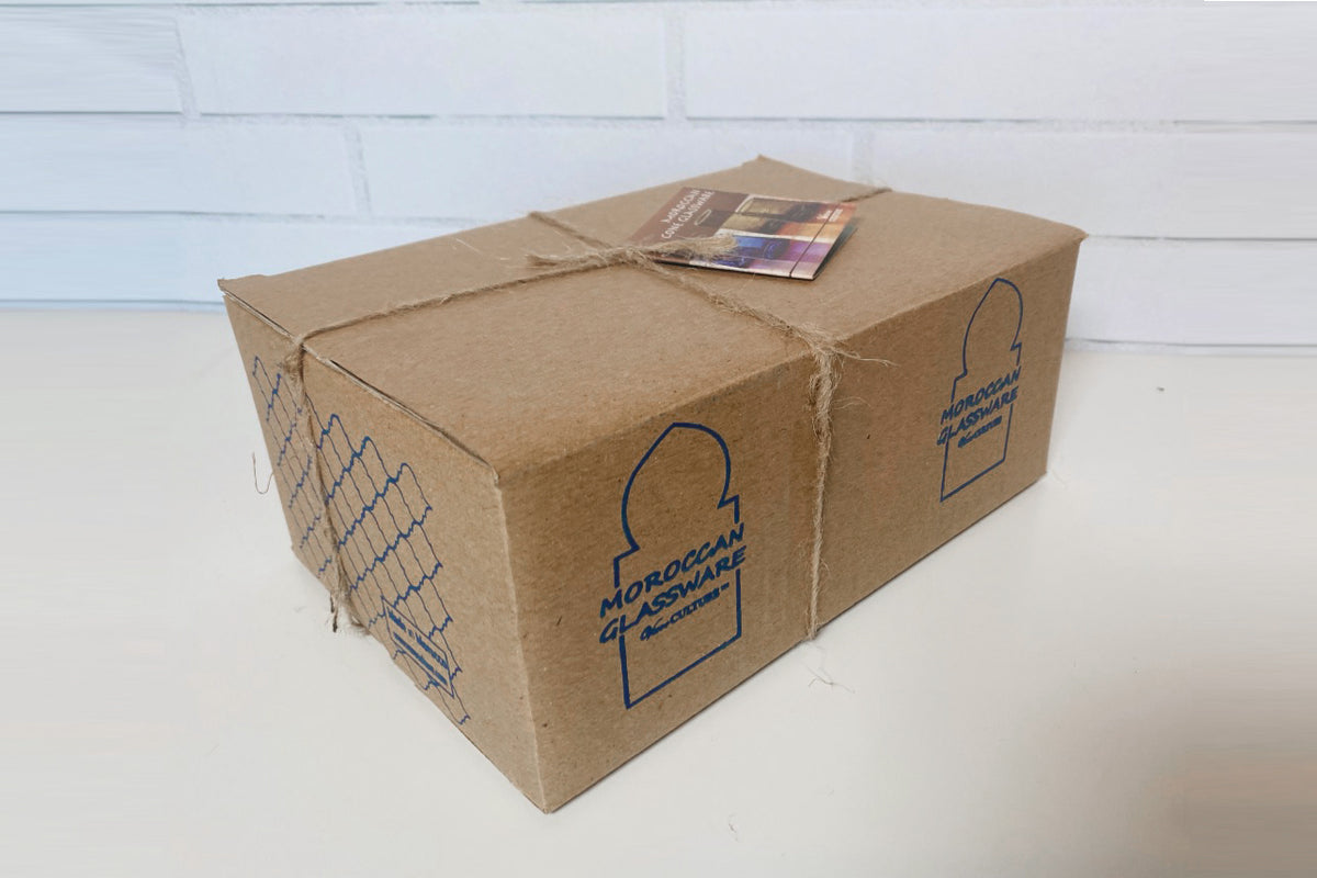 Cardboard shipping box with twine and label for Moroccan Cone Glassware Set of 6.