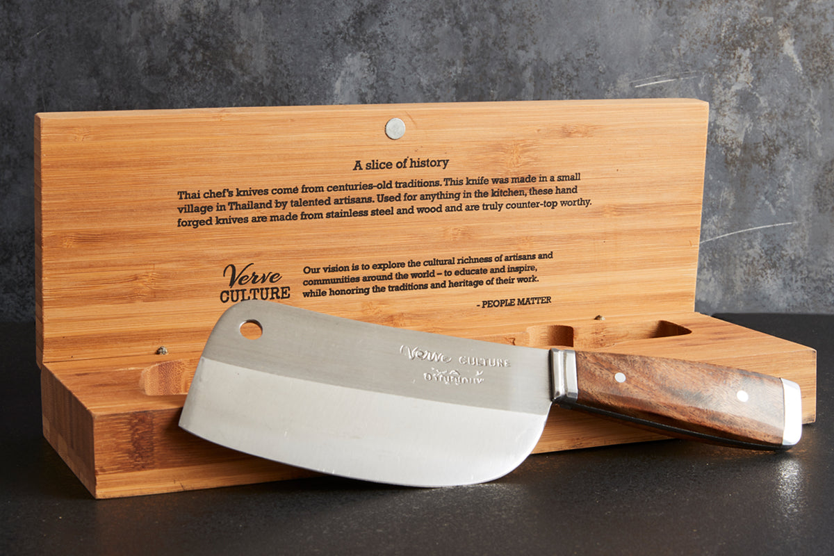 Thai chef's knife with stainless steel blade and wooden handle, displayed with bamboo presentation box.