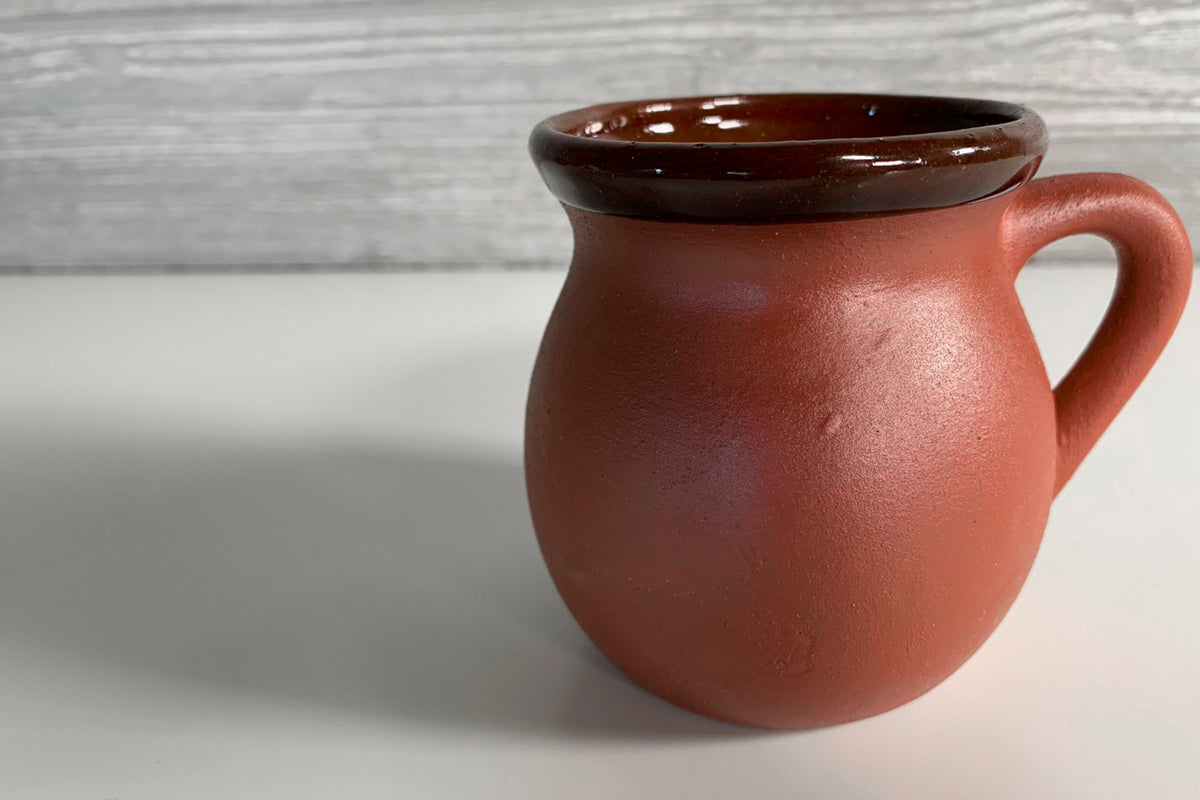 Terracotta mug with dark brown glossy rim and curved handle.