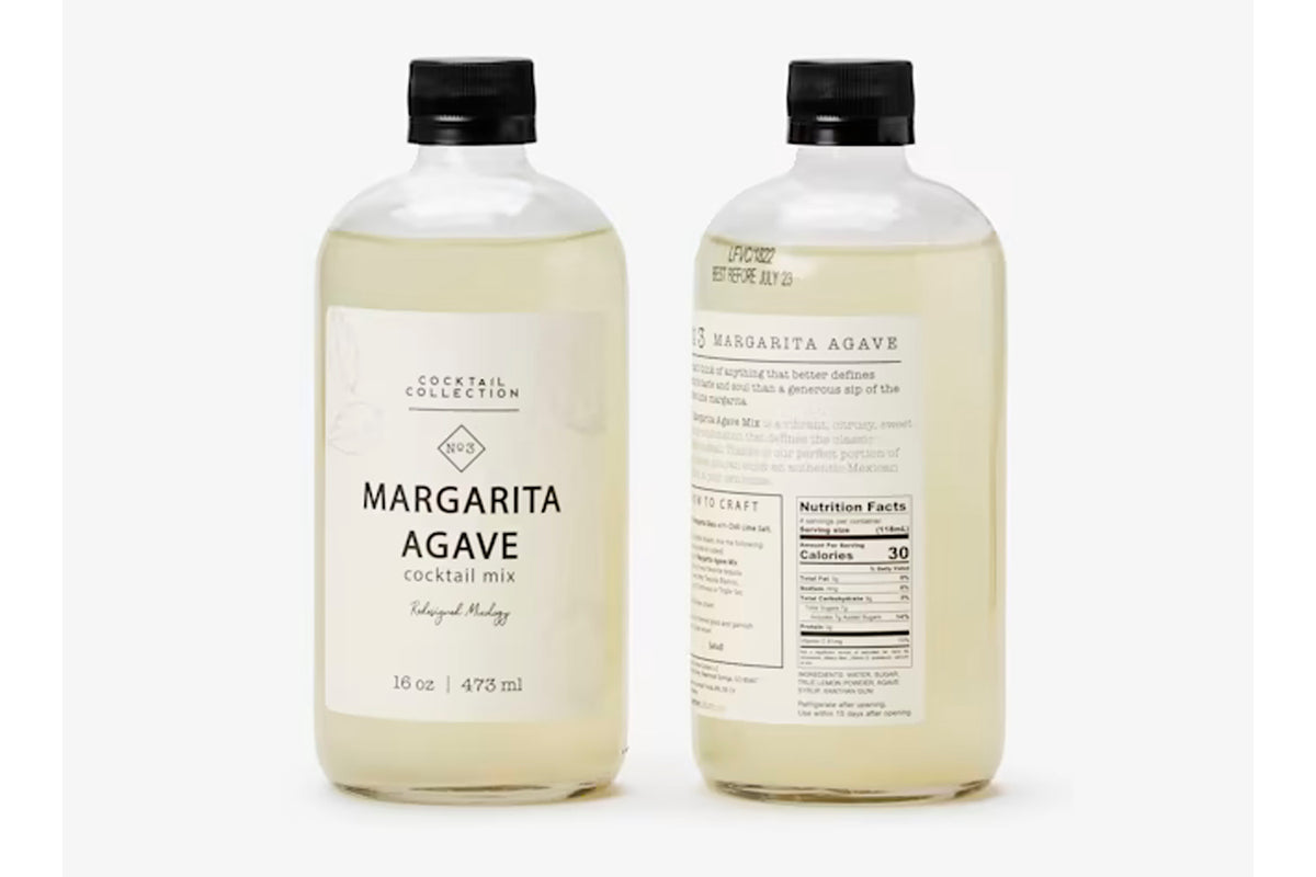 Two 16 oz bottles of margarita agave cocktail mix with black caps, front and back labels visible.