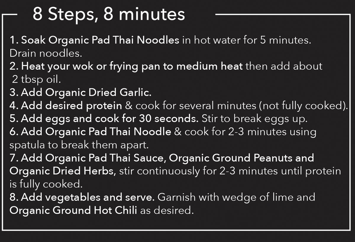 Instructions for preparing Pad Thai noodles in 8 steps and 8 minutes, listing ingredients and cooking methods.